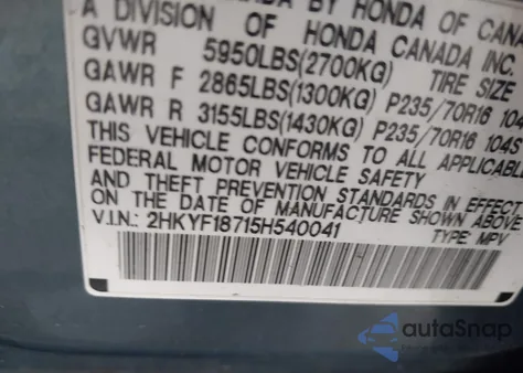 2005 Honda Pilot Ex-L z USA, uszkodzony, nr VIN 2HKYF18715H540041